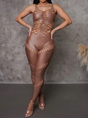 Magnolia Cutout Sleeveless Brown Faux-Leather Jumpsuit
